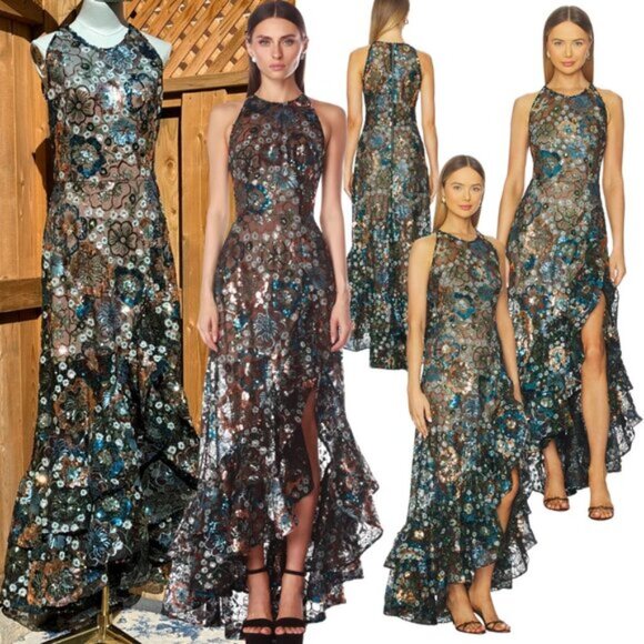 🆕 BRONX & BANCO🧿 NWOT Sicilia Blue Sequin Fluted Hem Maxi Dress Sz M US 6 - Picture 1 of 16